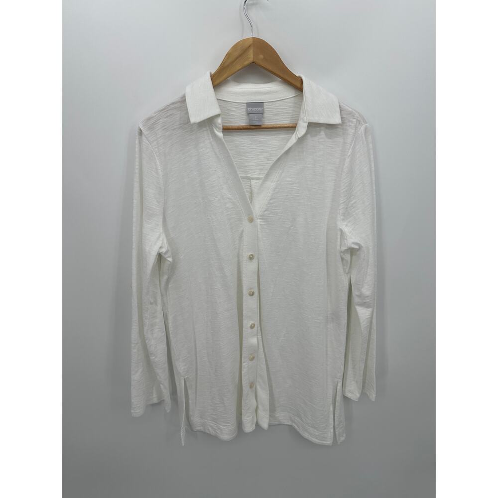 Chico's White Button-Front Tunic Top Women Sz L Collar Coastal Minimal Capsule